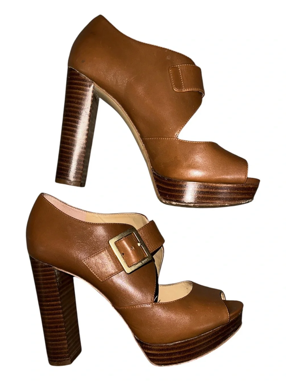 Michael Kors Cognac Leather Peep-Toe Buckle Heels
